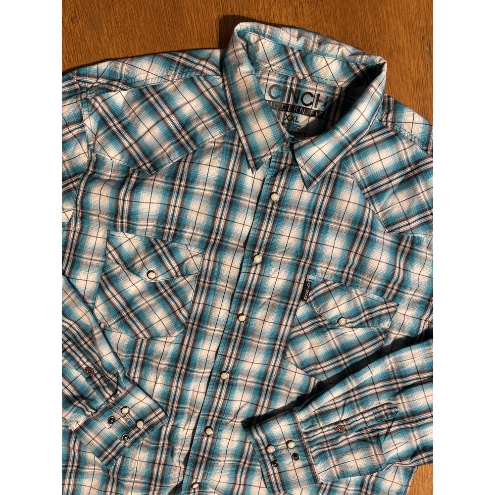 Cinch Modern Fit Snap Shirt XXL Turquoise Plaid Pearl Snap Western Rodeo Cowboy